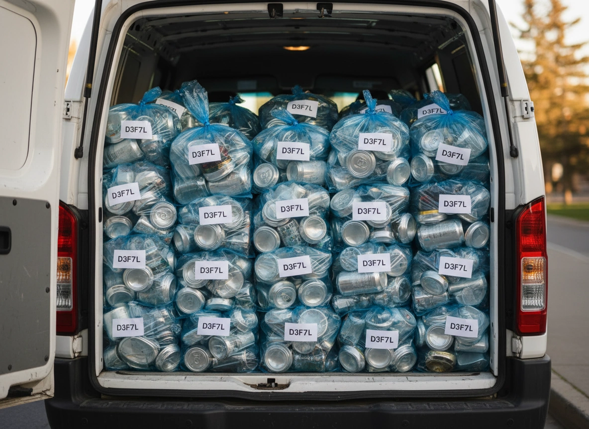 A white cargo van parked in an Edmonton driveway with its rear doors open, loaded with recycling bags