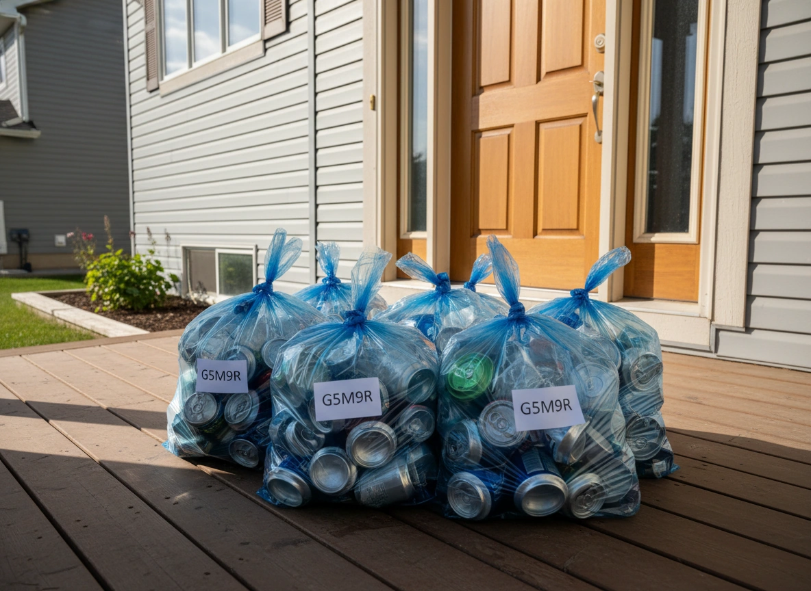 Blue recycling bags of bottles and cans on a front porch in Beaumont, Alberta