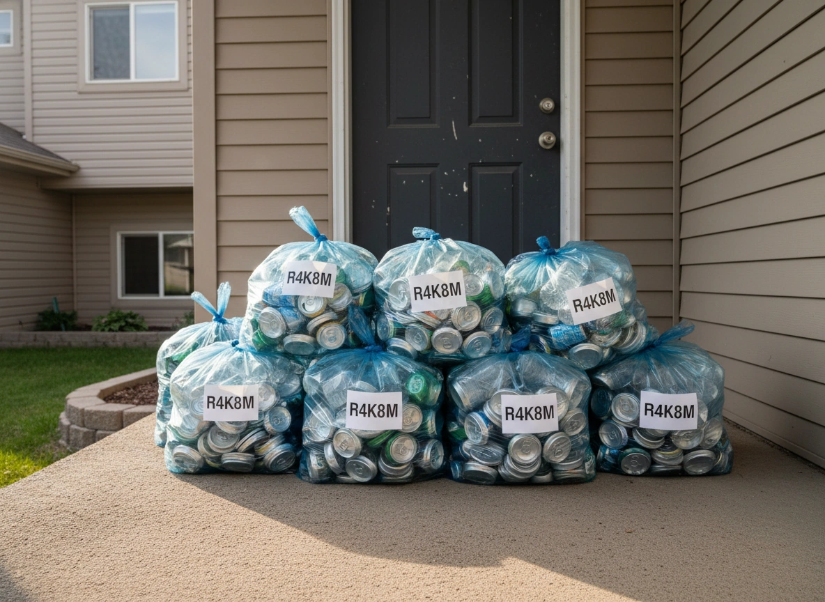 Blue recycling bags of bottles and cans on a front porch in Edmonton, Alberta